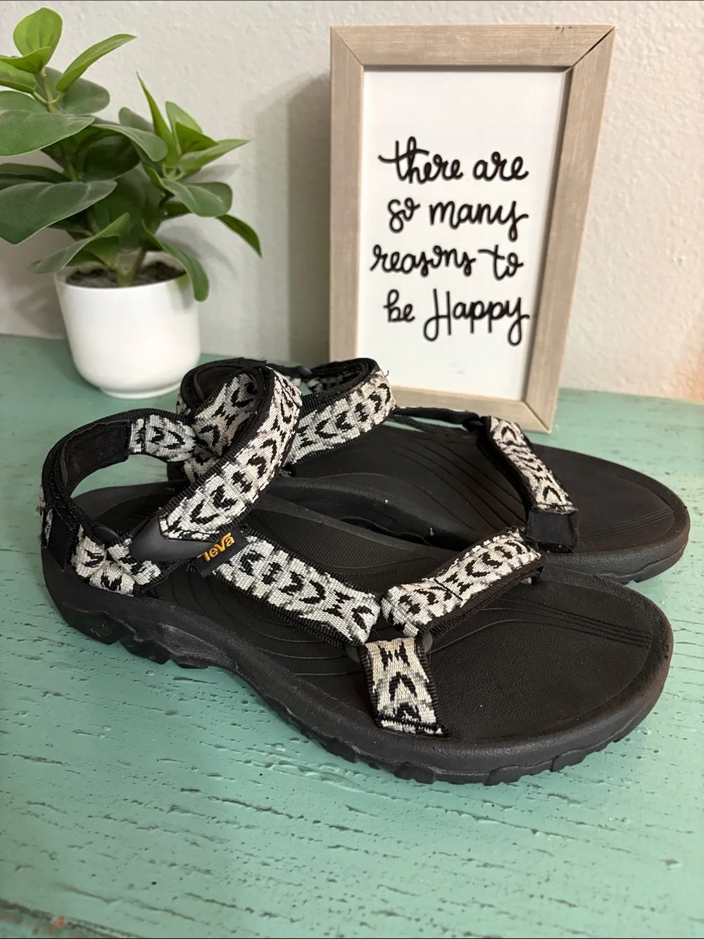 Teva Black Sandals with Black & White Patterned Webbing
